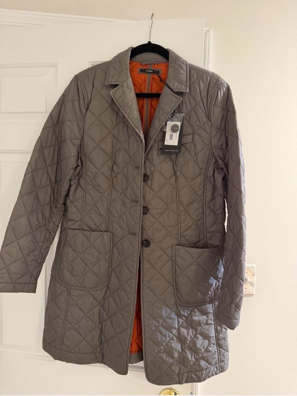 Windsor Quilted Puffer Coat in Taupe with Orange Lining